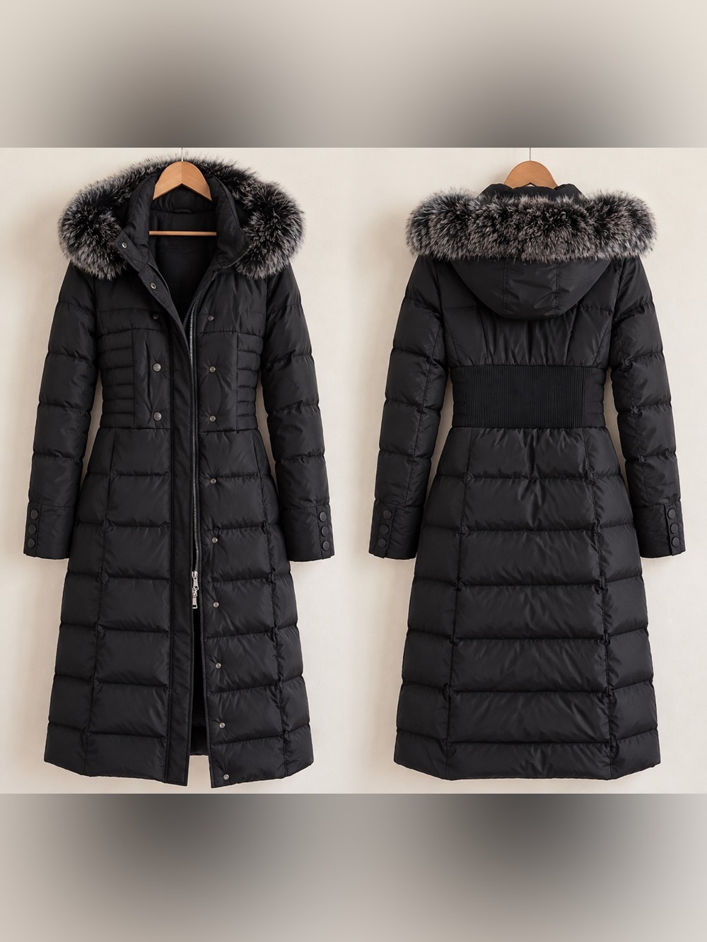 Women’s Black Maxi Down Puffer Coat 90% White Duck Down Faux Fur Hood